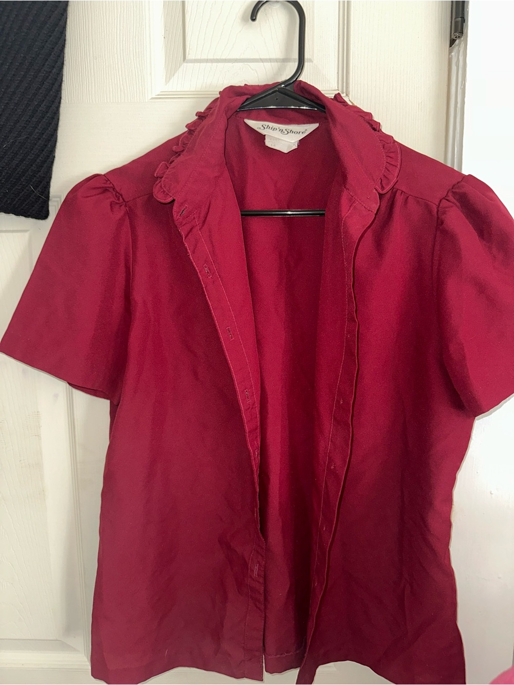 Vintage Ship’n Shore Ruffle Collar Short Sleeve Blouse - Deep Raspberry